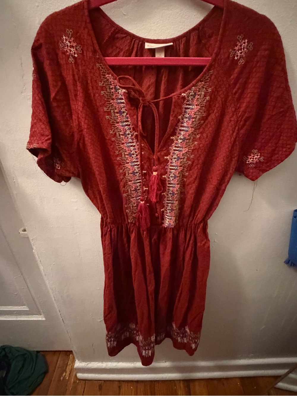 Knox Rose Rust Embroidered Boho Knee-length Dress 1X Tassel Tie